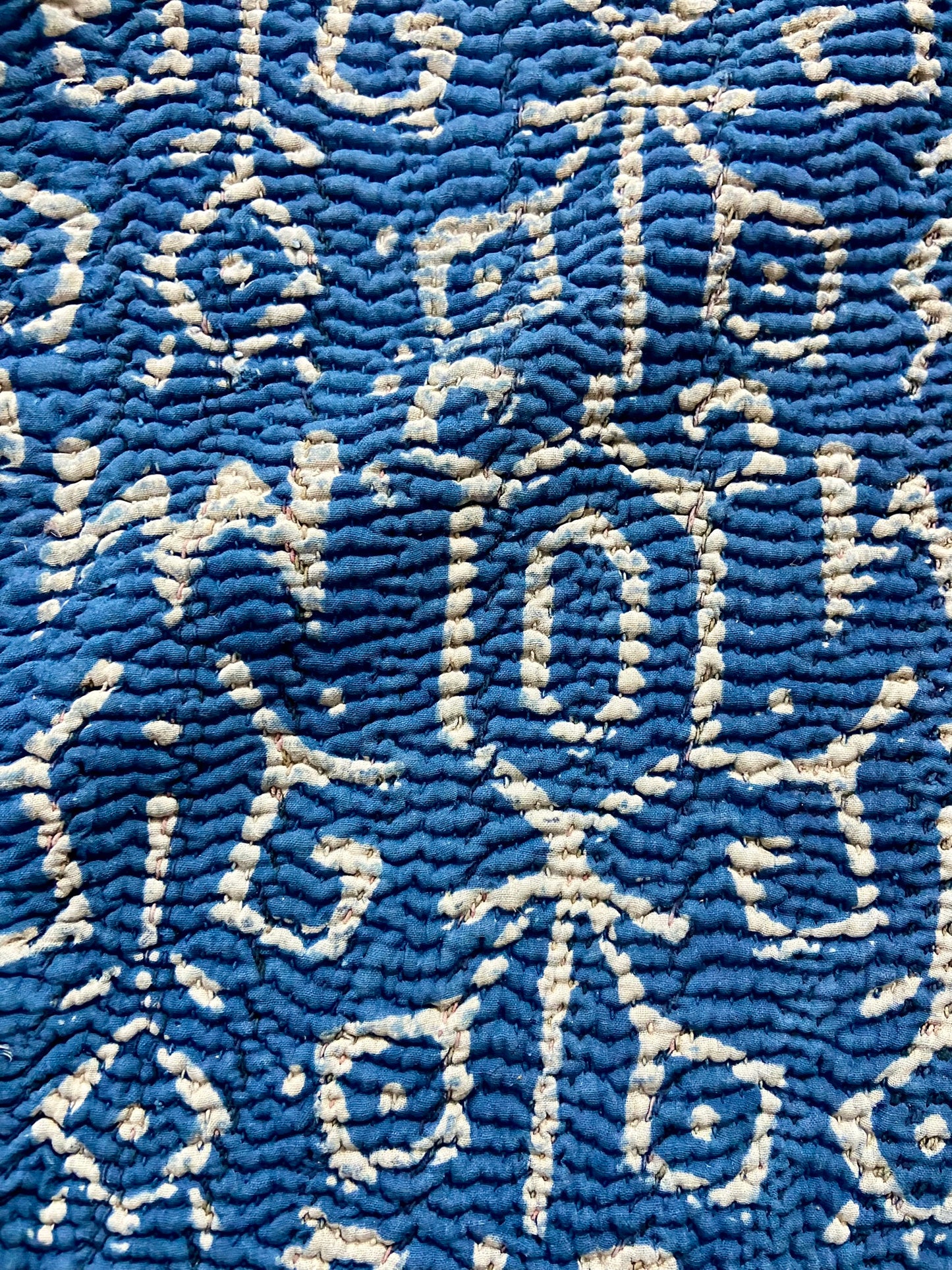 1970's Rare Hand Block Printed Indigo Kantha Quilt, Blanket & Throw