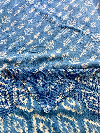 Indigo Dyed & Block Printed Rare Vintage Cotton Kantha Quilt