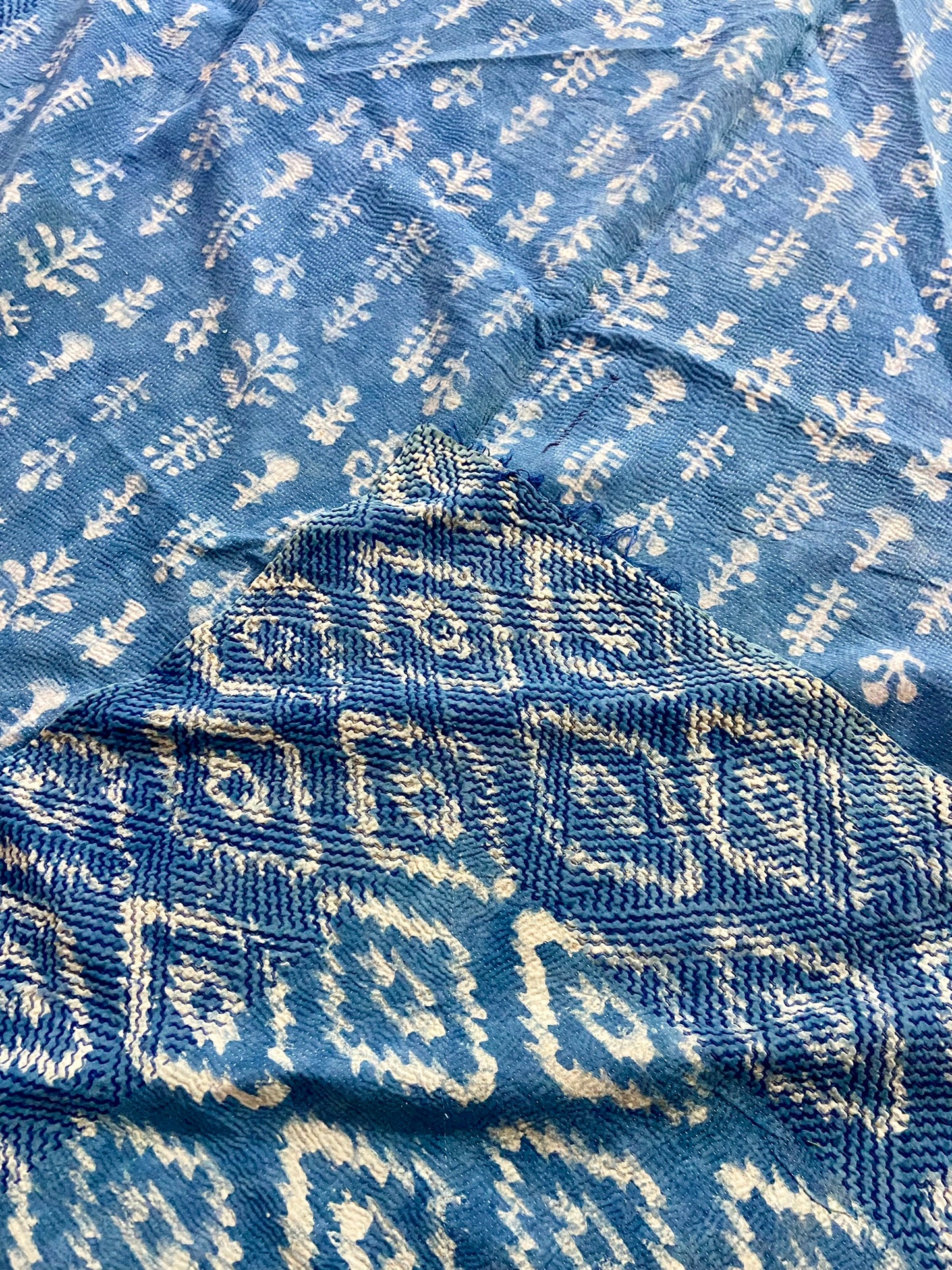 Indigo Dyed & Block Printed Rare Vintage Cotton Kantha Quilt