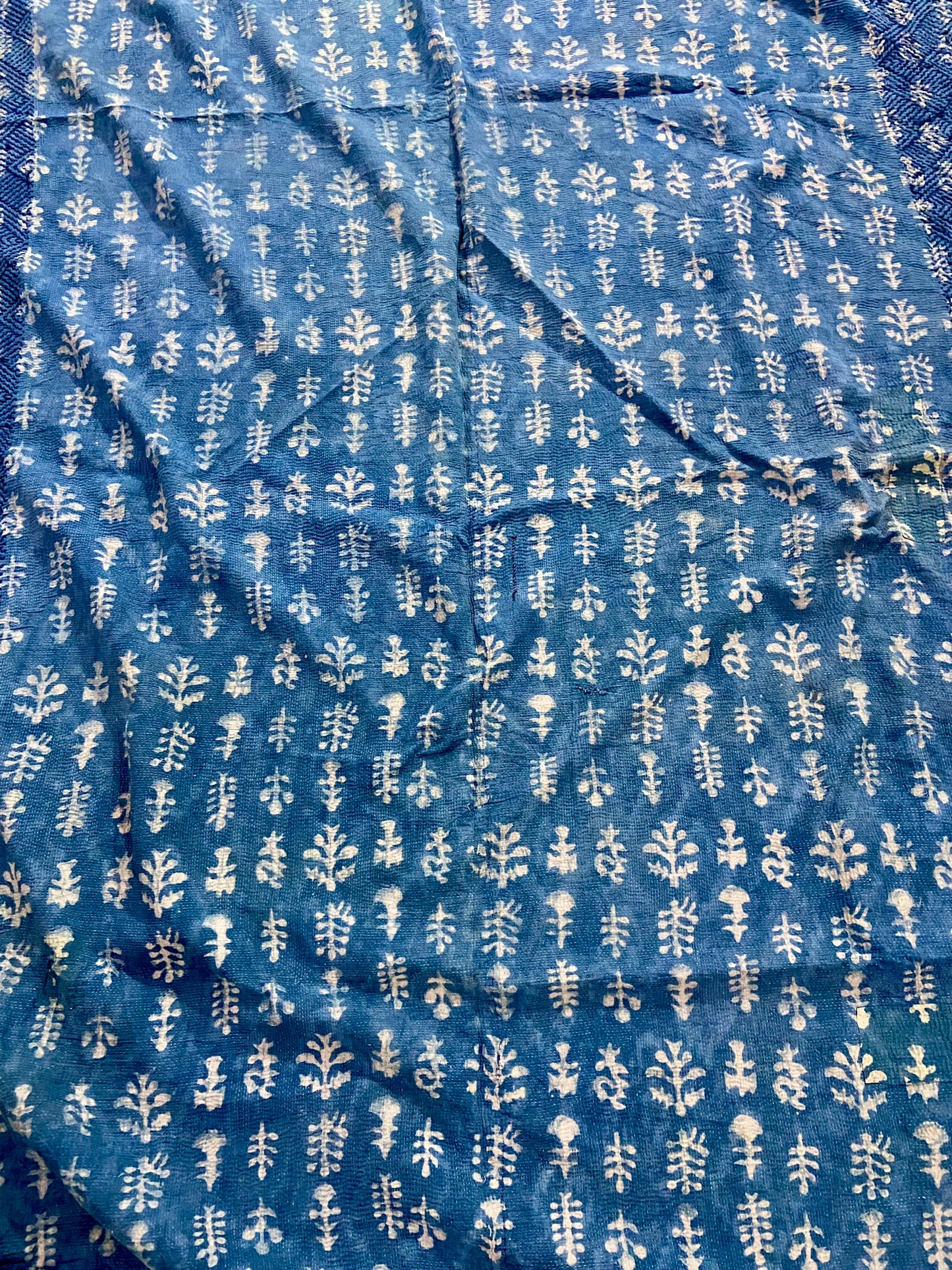 Indigo Dyed & Block Printed Rare Vintage Cotton Kantha Quilt