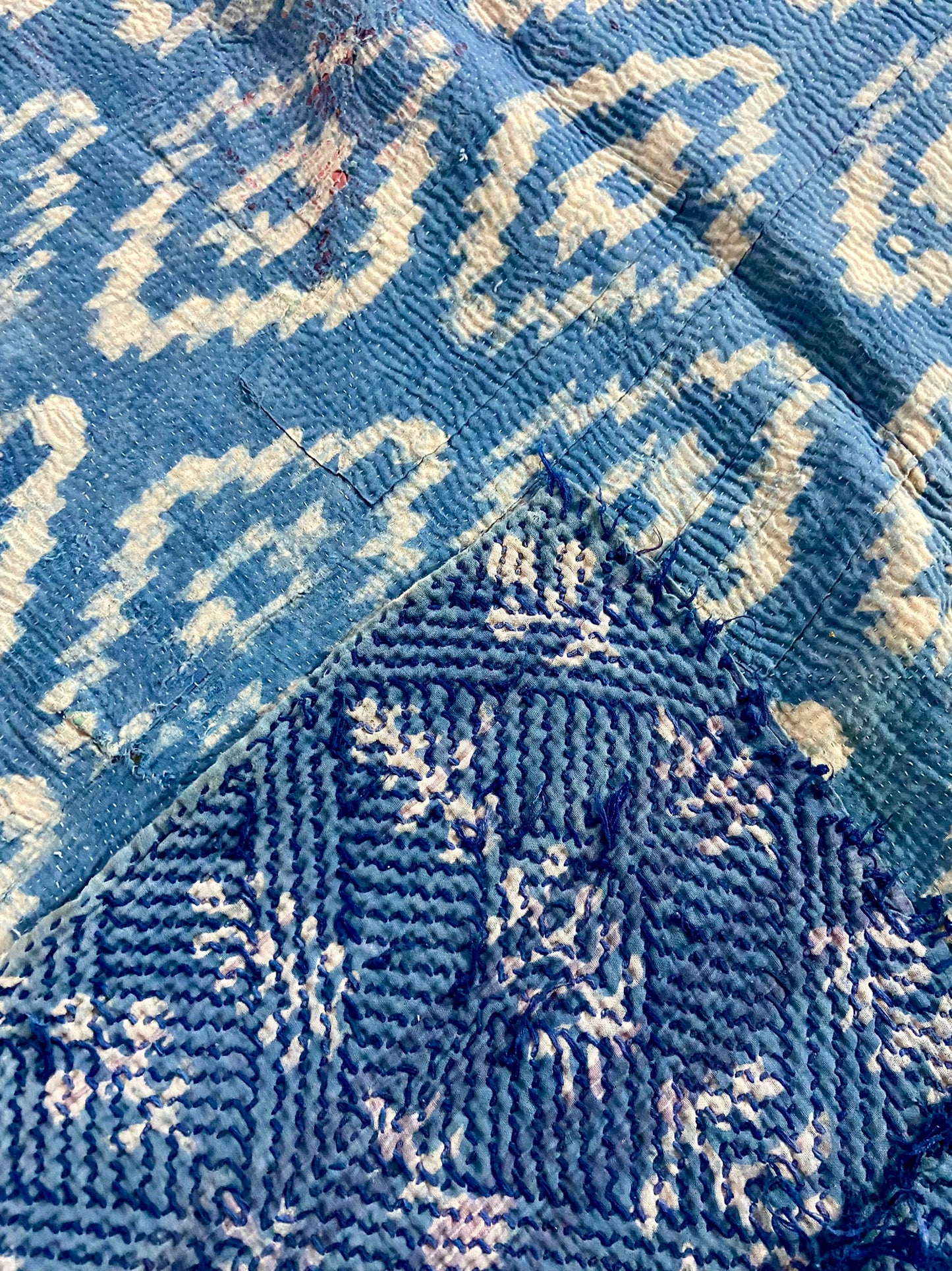 Indigo Dyed & Block Printed Rare Vintage Cotton Kantha Quilt