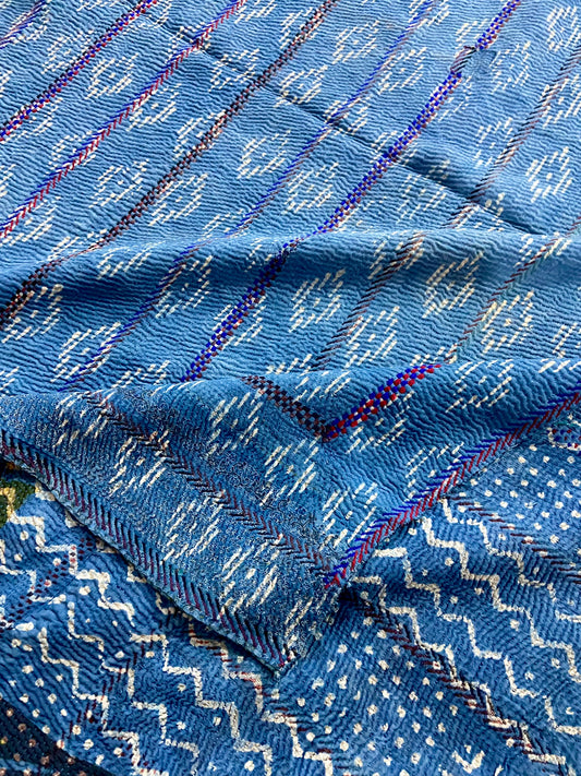 Hand Block Printed Indigo Vintage Kantha Quilt - Rarest Find