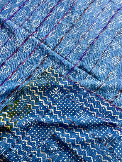 Hand Block Printed Indigo Vintage Kantha Quilt - Rarest Find