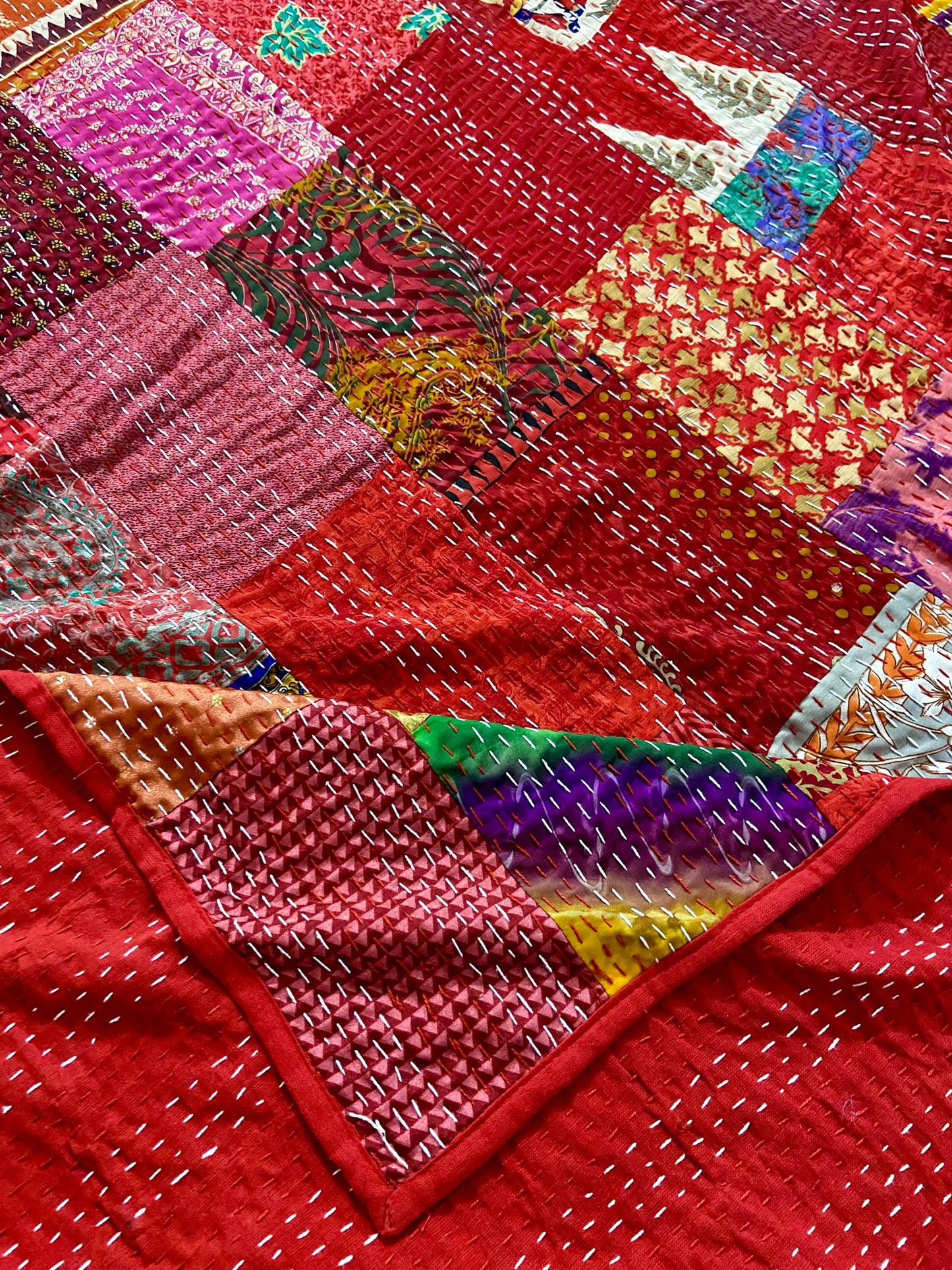 Red Silk Patchwork Kantha Quilt