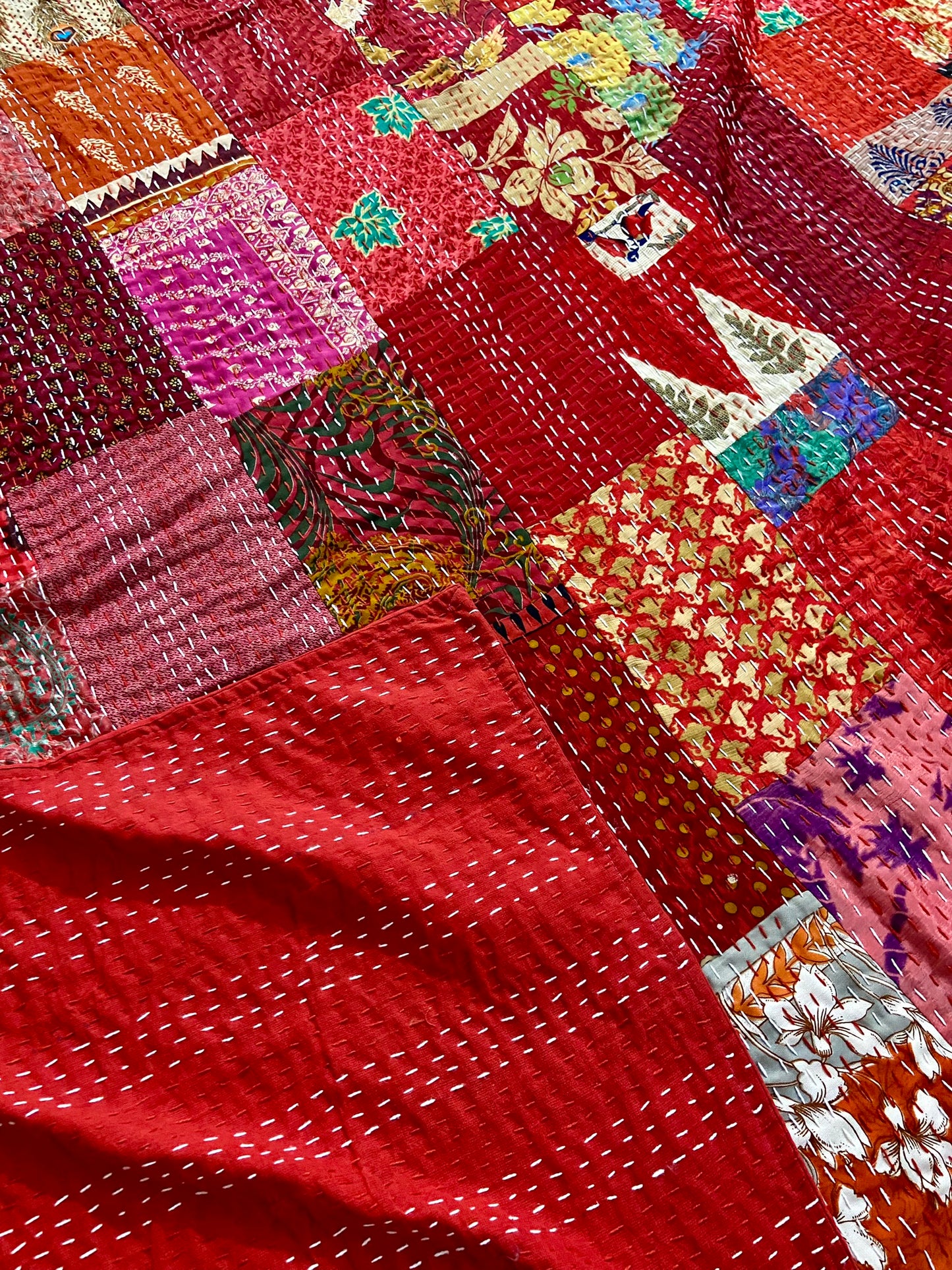 Red Silk Patchwork Kantha Quilt