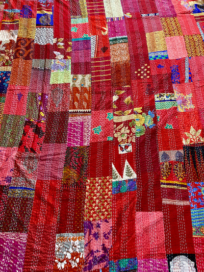 Red Silk Patchwork Kantha Quilt