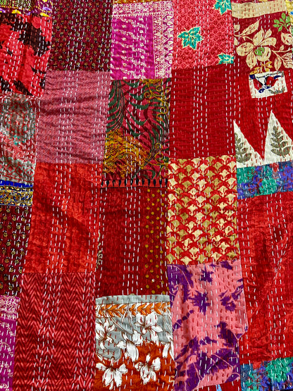 Red Silk Patchwork Kantha Quilt