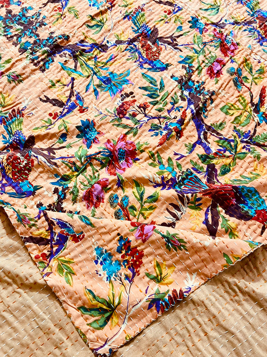 Birds & Flowers Peach Kantha Quilt