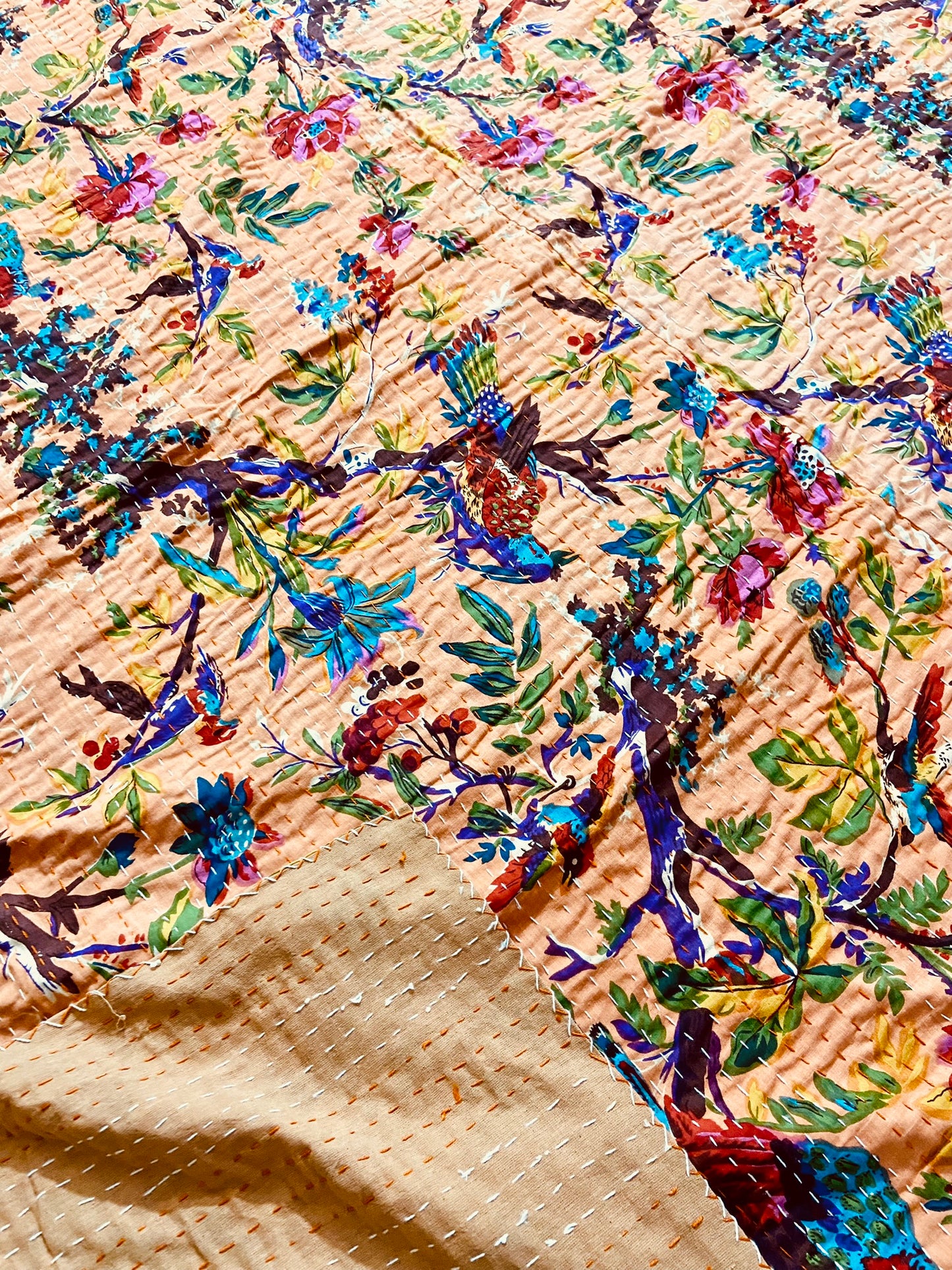 Birds & Flowers Peach Kantha Quilt