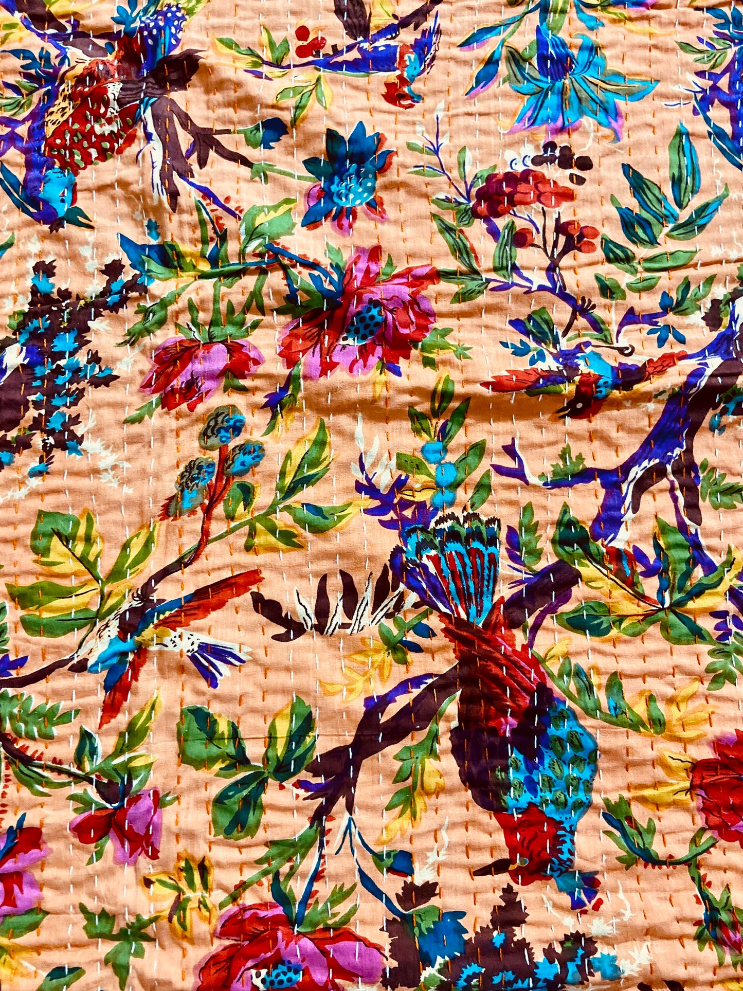 Birds & Flowers Peach Kantha Quilt