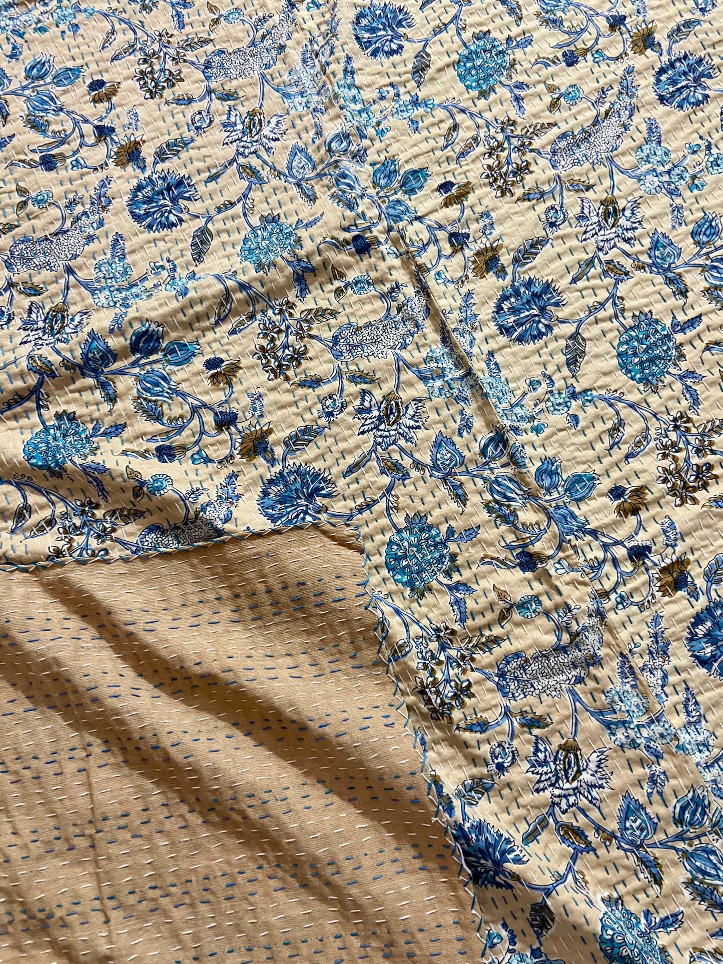 Biege Floral Queen Kantha Quilt