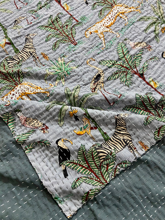 Animal Kantha Quilt Gray Jungle