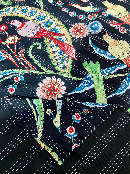 Indian Handmade Kantha Quilt - Black Peacock