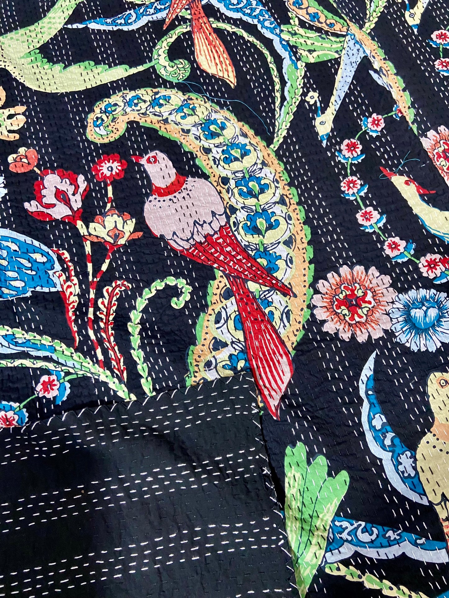 Indian Handmade Kantha Quilt - Black Peacock