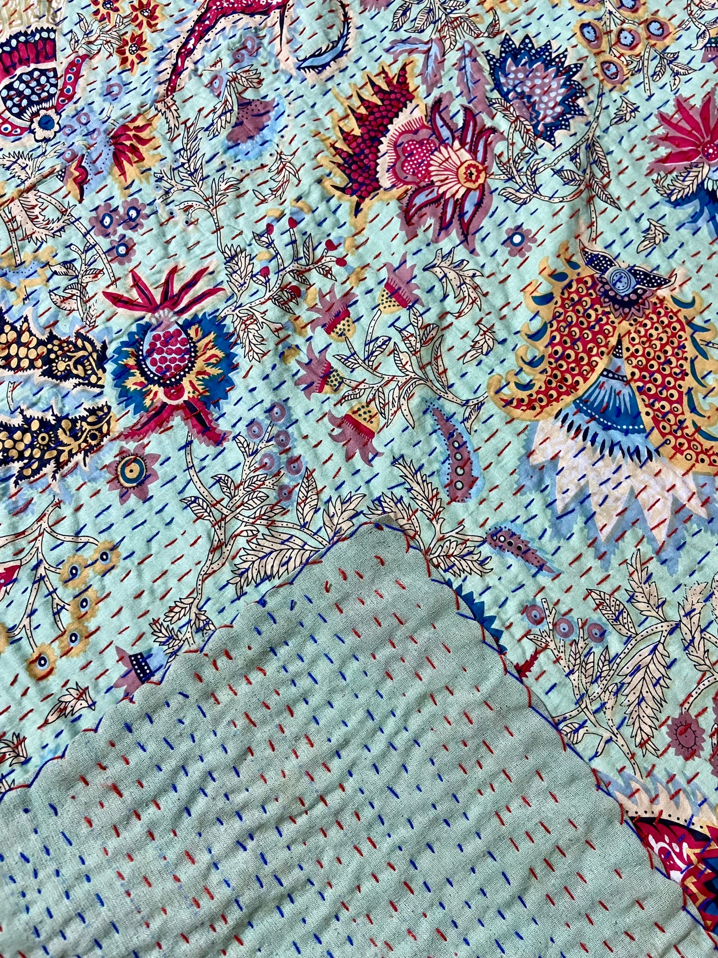 Pistachio Green Wildflower Kantha Quilt