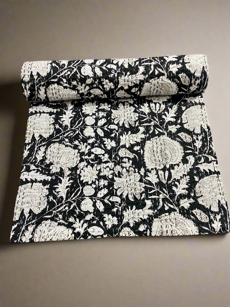 Black Minimalist Floral Pure Cotton Kantha Quilt Indian Handmade Printed Bohemian Kantha Bedspread Throw