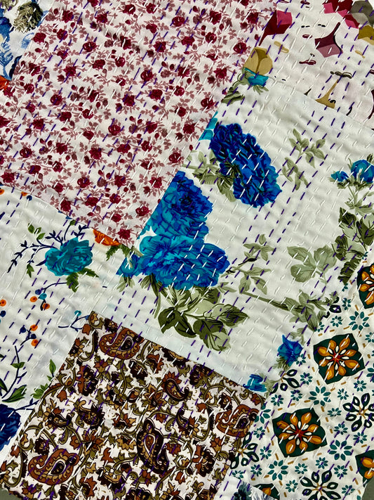 Handmade Vintage Patchwork Silk Kantha Bedspread