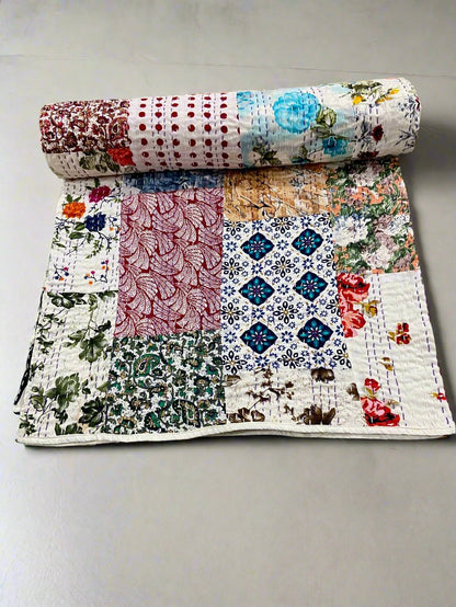 Handmade Vintage Patchwork Silk Kantha Bedspread
