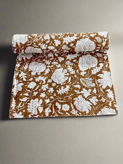 Brown Minimalist Cotton Handmade Kantha Quilt