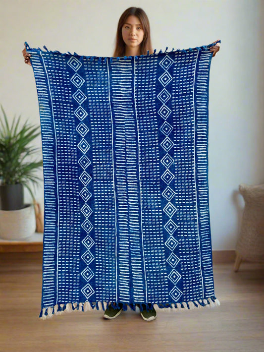 Hand-Block Printed Cotton Throw - Indigo