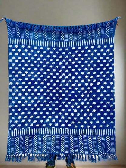 Indian Mud Cloth Printed Indigo Throw Blanket