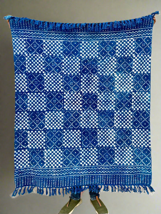 Indian Mud Cloth Printed Indigo Throw Blanket