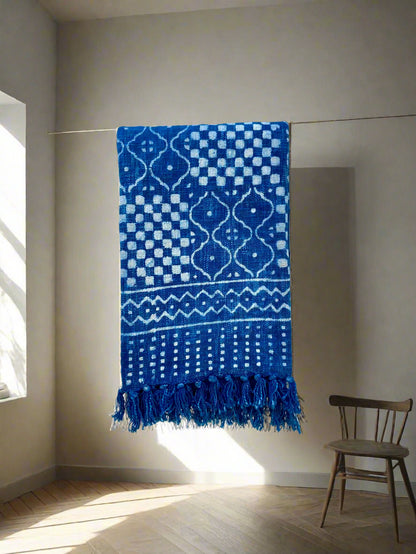 Indian Mud Cloth Printed Indigo Throw Blanket