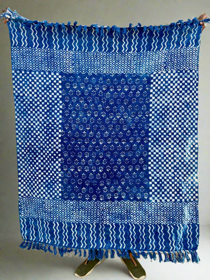 Indigo Handmade Soft Cotton Throws Blankets, Hand Loom Hand Block Printed Bed Boho Cotton Fringed Blanket Beach Throw