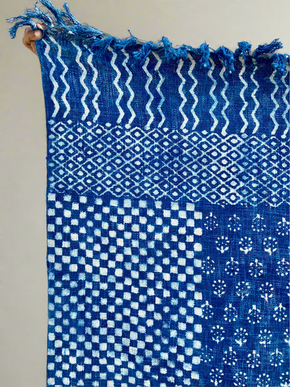 Indigo Handmade Soft Cotton Throws Blankets, Hand Loom Hand Block Printed Bed Boho Cotton Fringed Blanket Beach Throw