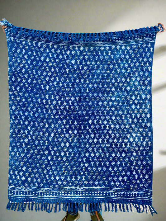 Indigo Handmade Soft Cotton Throws Blankets, Hand Loom Hand Block Printed Bed Boho Cotton Fringed Blanket Beach Throw