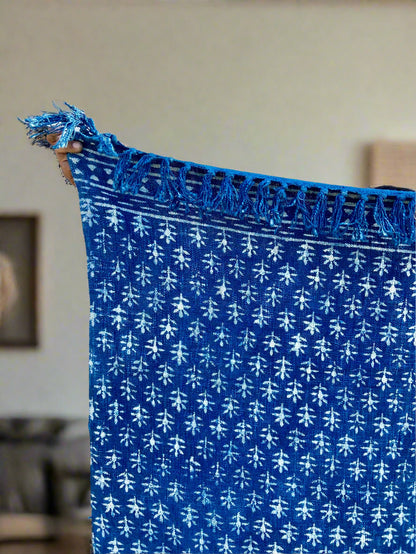 Indigo Handmade Soft Cotton Throws Blankets, Hand Loom Hand Block Printed Bed Boho Cotton Fringed Blanket Beach Throw