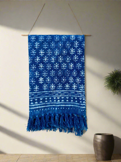 Indigo Handmade Soft Cotton Throws Blankets, Hand Loom Hand Block Printed Bed Boho Cotton Fringed Blanket Beach Throw