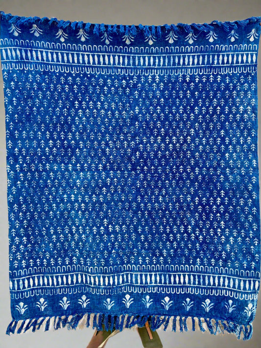 Indigo Handmade Soft Cotton Throws Blankets, Hand Loom Hand Block Printed Bed Boho Cotton Fringed Blanket Beach Throw