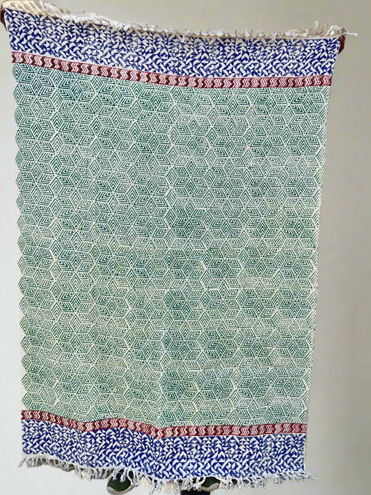 Indian Handmade Soft Cotton Throws Blankets, Hand Loom Hand Block Printed Bed Boho Cotton Fringed Blanket Beach Throw