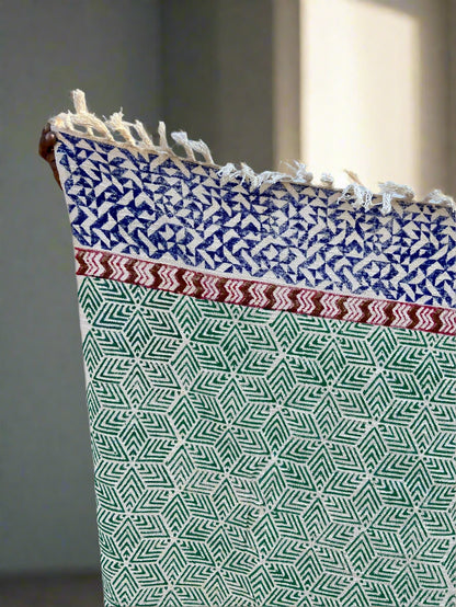 Indian Handmade Soft Cotton Throws Blankets, Hand Loom Hand Block Printed Bed Boho Cotton Fringed Blanket Beach Throw