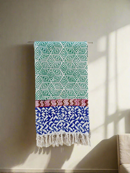 Indian Handmade Soft Cotton Throws Blankets, Hand Loom Hand Block Printed Bed Boho Cotton Fringed Blanket Beach Throw