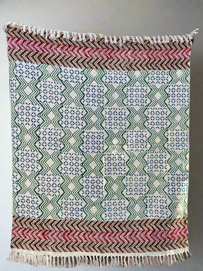 Mud Cloth Throw Blanket with Tassels, Hand Loomed Block Print Cotton Sofa Throw, Indian Throw