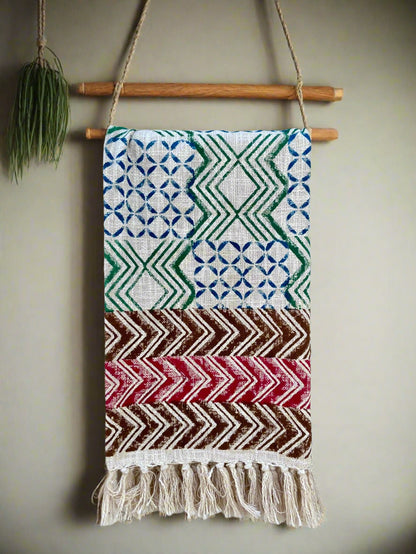 Mud Cloth Throw Blanket with Tassels, Hand Loomed Block Print Cotton Sofa Throw, Indian Throw