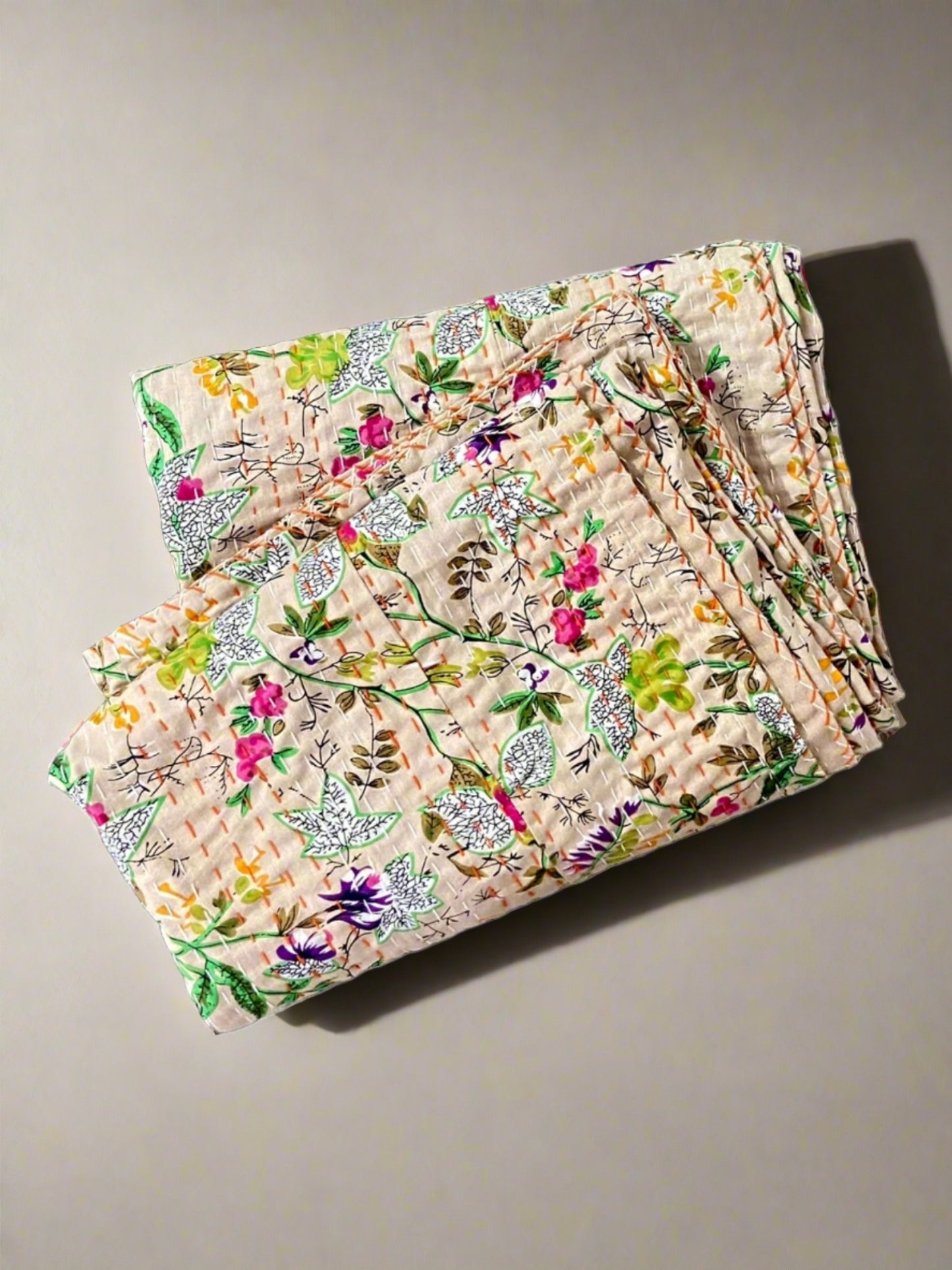 Beige Floral Handmade Cotton Kantha Quilt