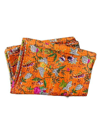 Orange Floral Handmade Cotton Kantha Quilt
