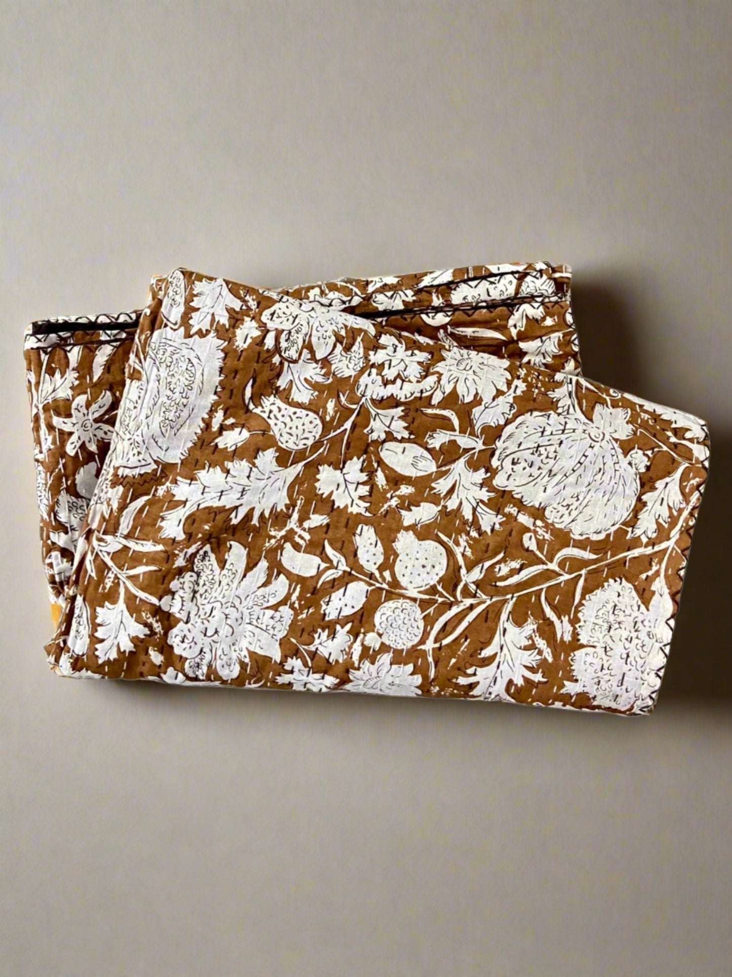 Brown Minimalist Cotton Handmade Kantha Quilt