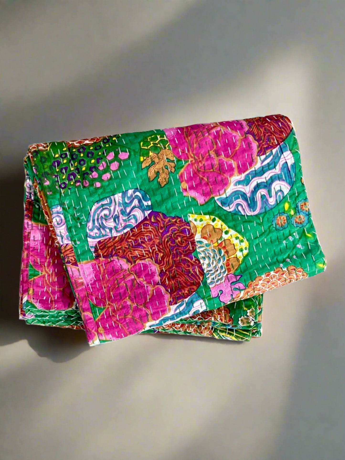 Beautiful Green Handmade Kantha Bedcover