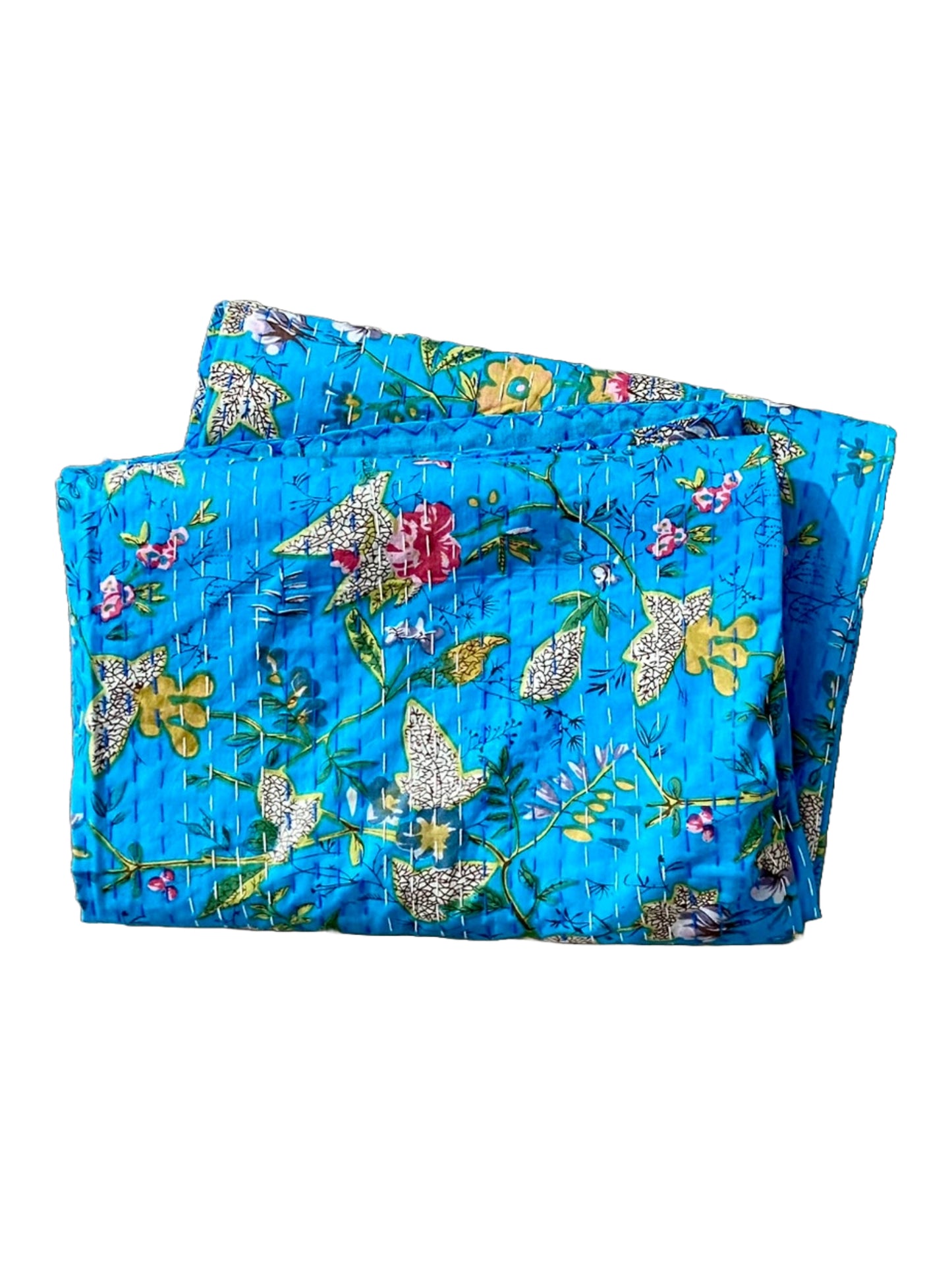 Turquoise Floral Kantha Quilt