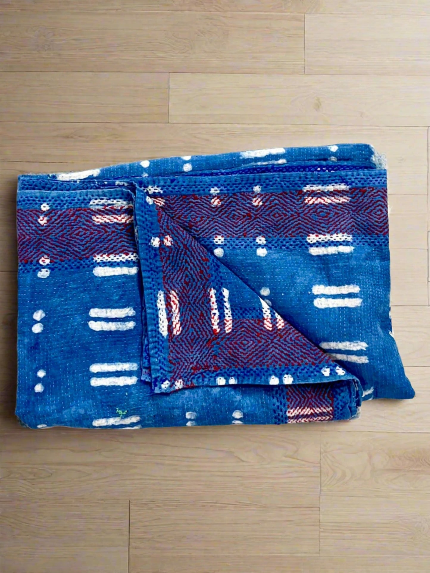 1970's Rare Hand Block Printed Indigo Kantha Quilt, Blanket & Throw