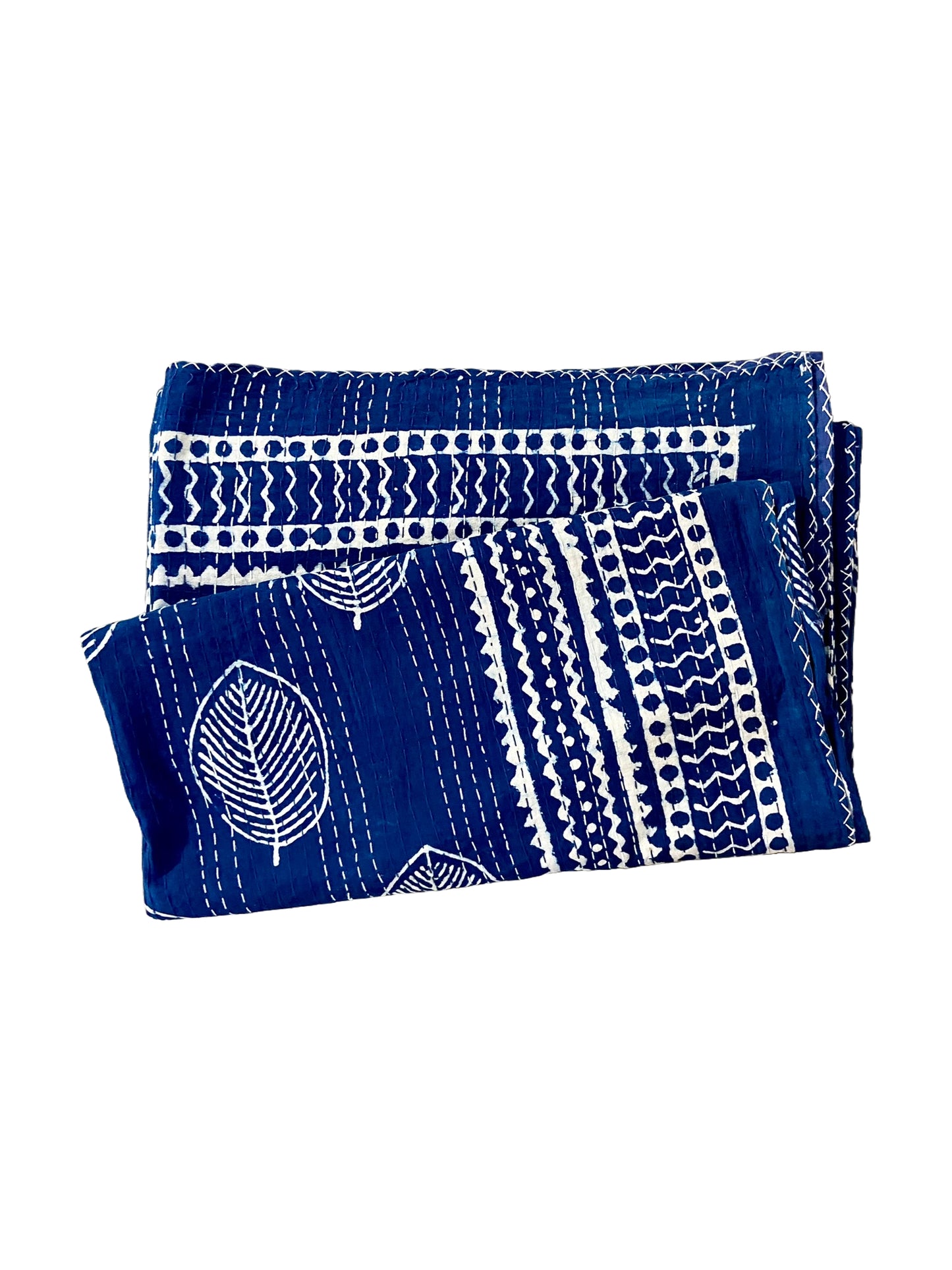 The Leaf Indigo Cotton Queen Kantha Quilt