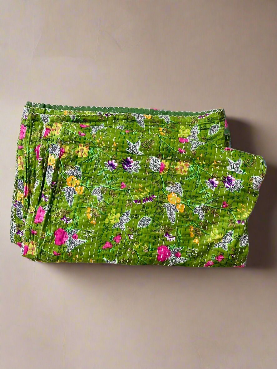 Green Floral Handmade Kantha Quilt