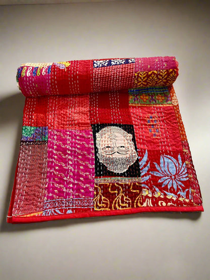 Red Silk Patchwork Kantha Quilt
