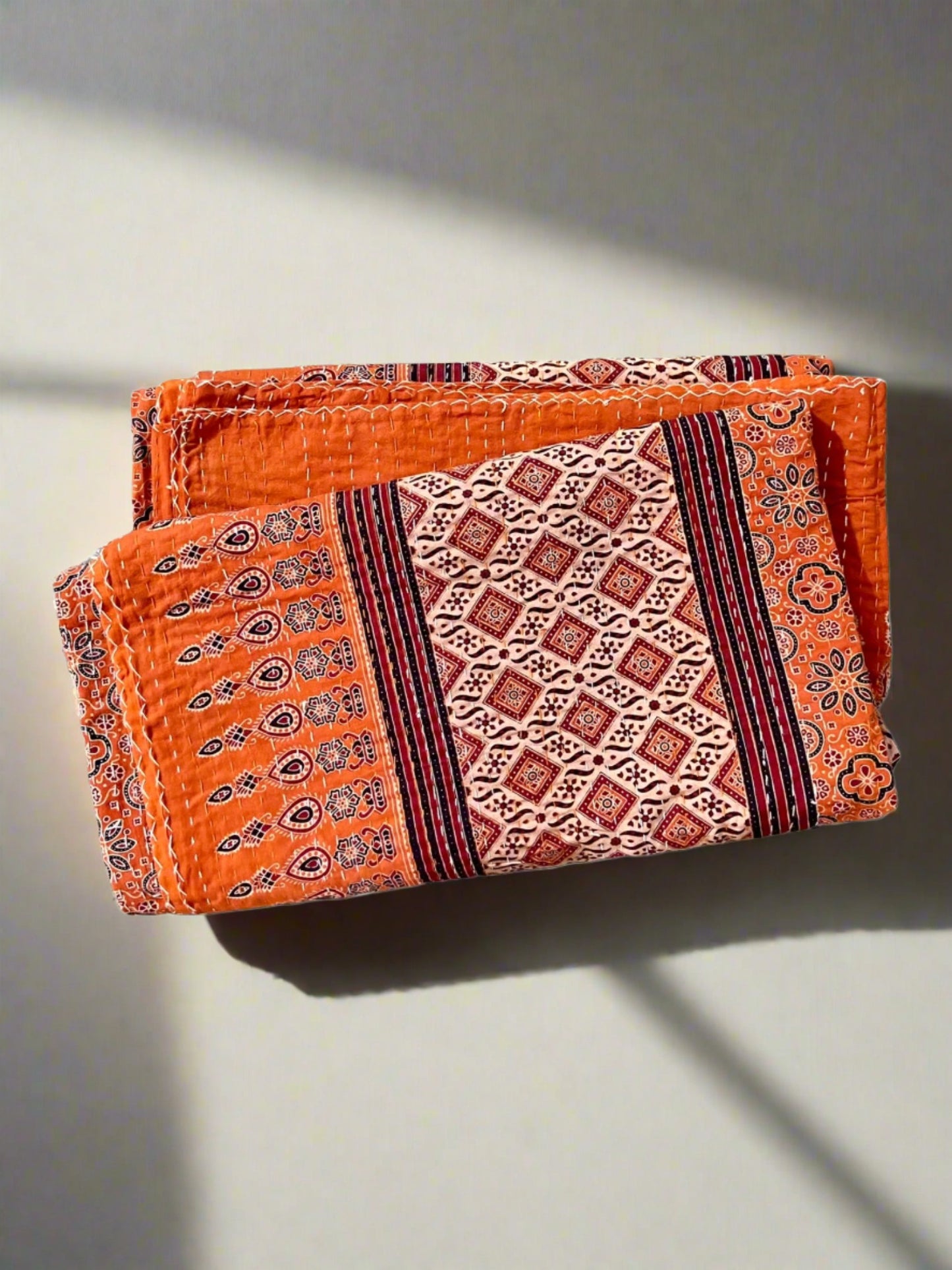 Burnt Orange Hand Printed Ajrakh Cotton Queen/King Kantha Quilt