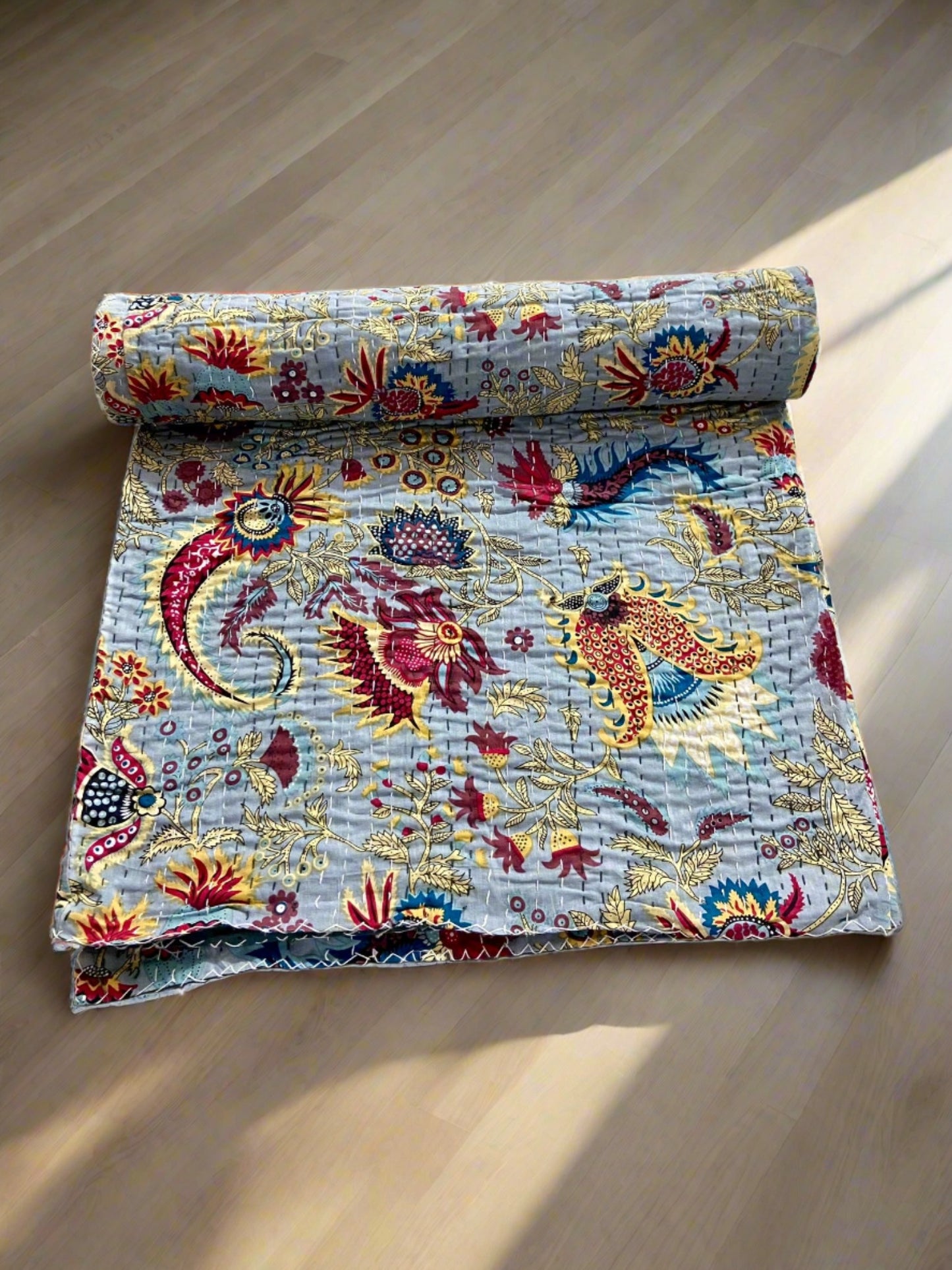 Gray Wildflower Kantha Quilt