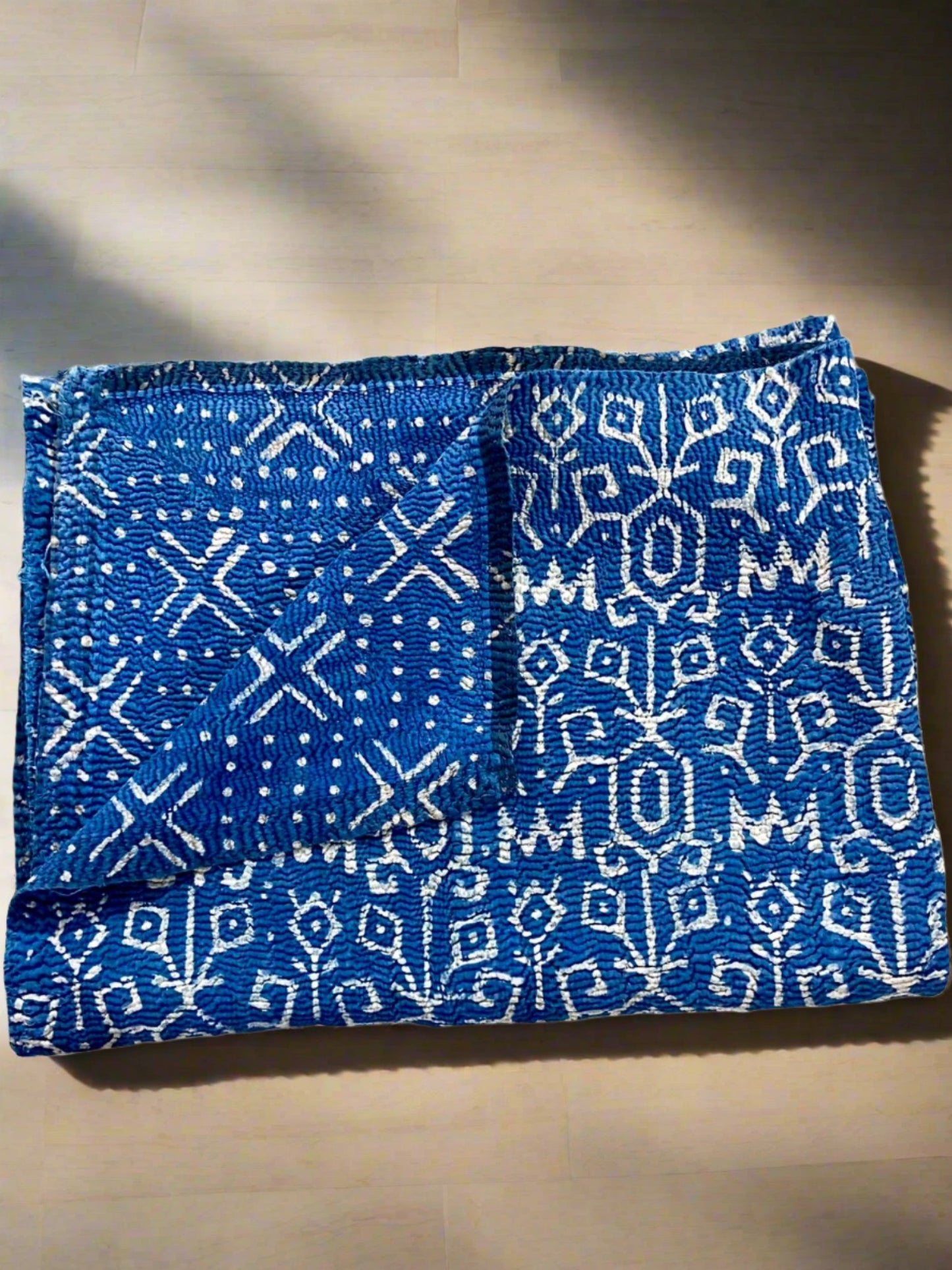 1970's Rare Hand Block Printed Indigo Kantha Quilt, Blanket & Throw